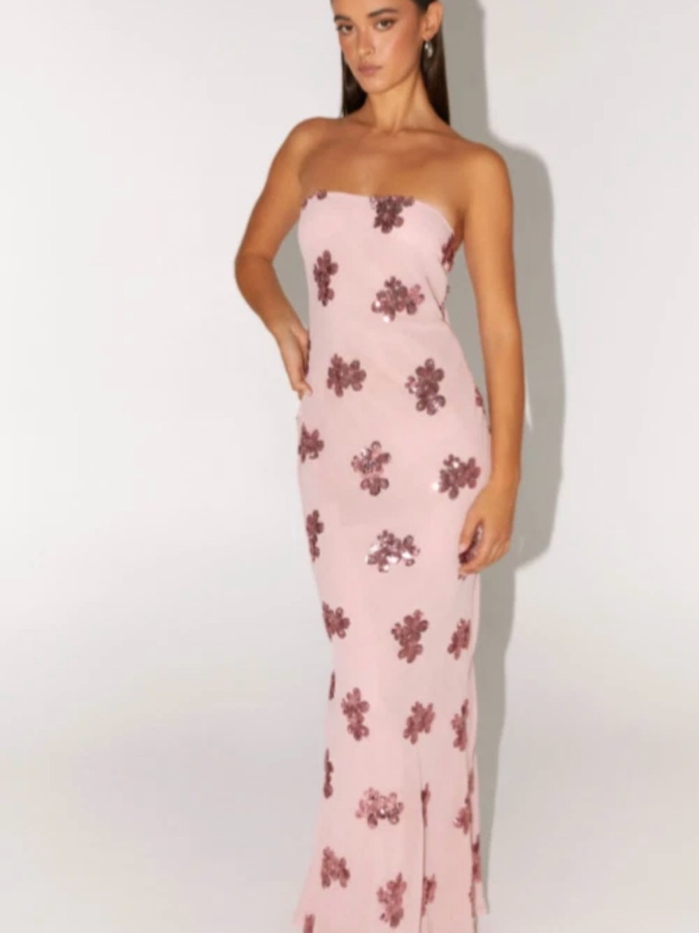 Peppermayo Blush Pink Strapless Sequin Floral Maxi Dress